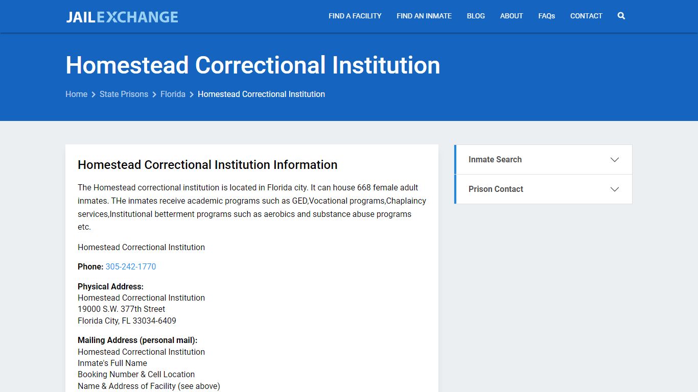 Homestead Correctional Institution Inmate Search, FL - Jail Exchange